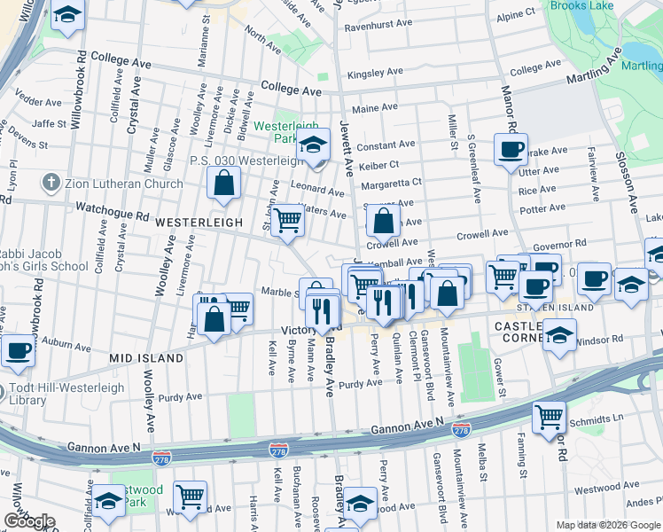 map of restaurants, bars, coffee shops, grocery stores, and more near 70 Watchogue Road in Staten Island