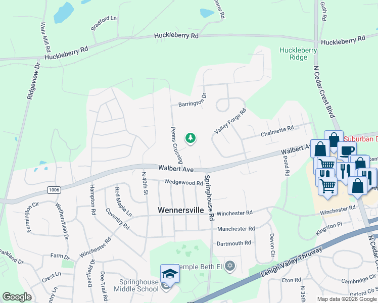 map of restaurants, bars, coffee shops, grocery stores, and more near 1619 Penns Crossing in Allentown