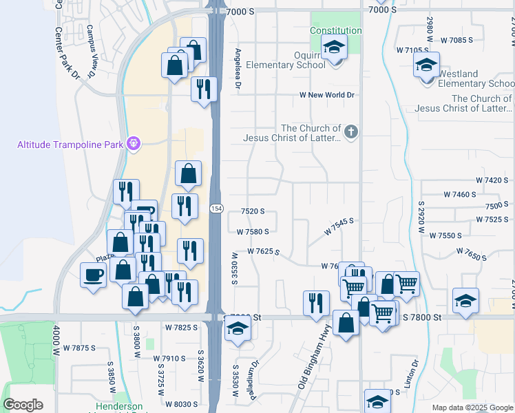 map of restaurants, bars, coffee shops, grocery stores, and more near 3474 7520 South in West Jordan