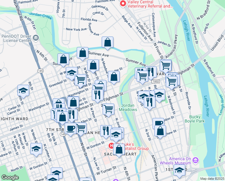 map of restaurants, bars, coffee shops, grocery stores, and more near 645 North Jordan Street in Allentown