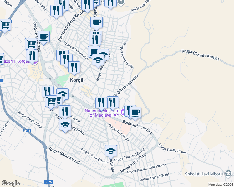map of restaurants, bars, coffee shops, grocery stores, and more near Rruga Çlirimi i Korçës in Korçë