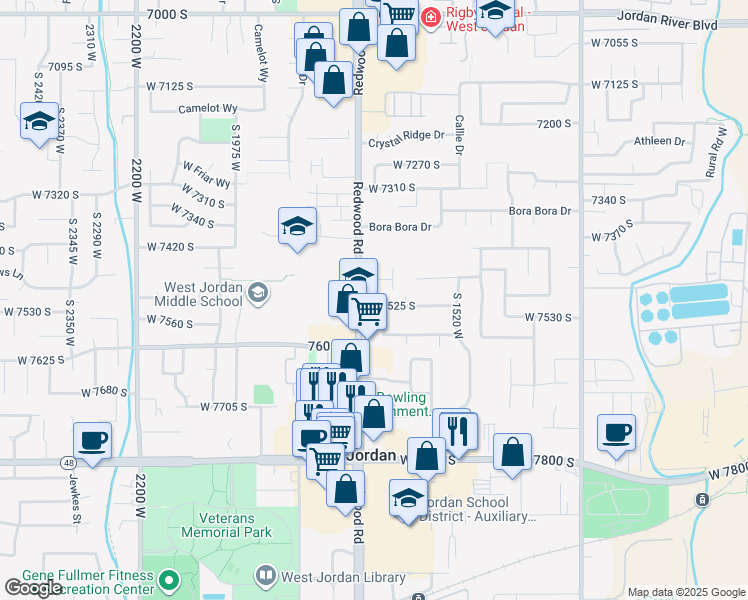 map of restaurants, bars, coffee shops, grocery stores, and more near 1678 Leland Drive in West Jordan