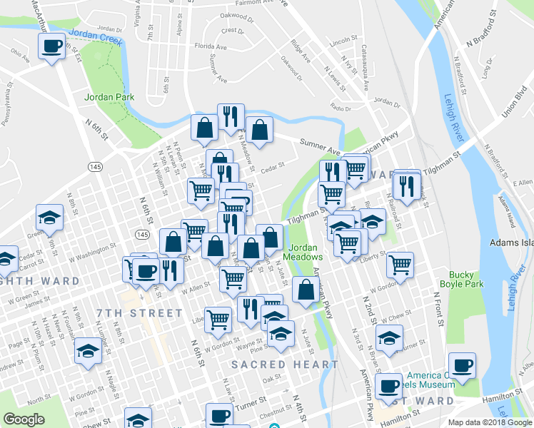 map of restaurants, bars, coffee shops, grocery stores, and more near 362 West Green Street in Allentown