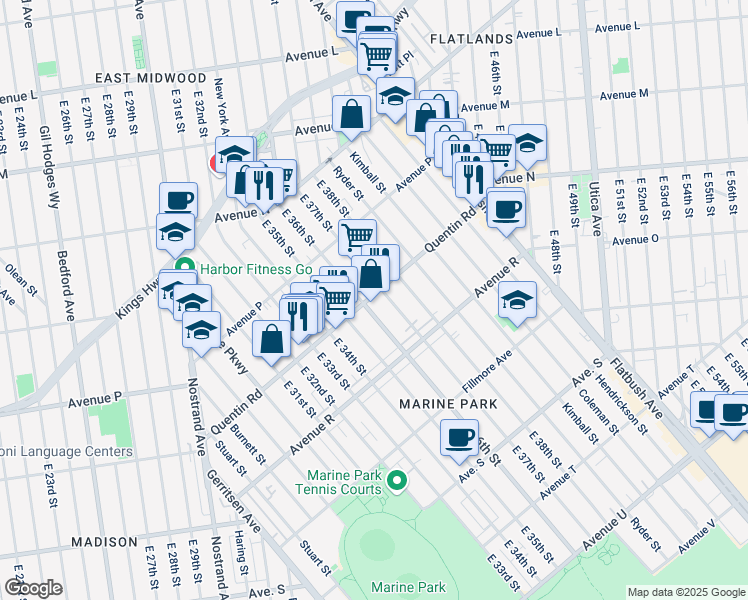 map of restaurants, bars, coffee shops, grocery stores, and more near 1666 East 37th Street in Brooklyn