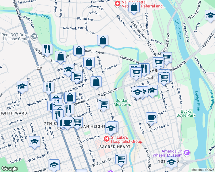 map of restaurants, bars, coffee shops, grocery stores, and more near 364 West Green Street in Allentown
