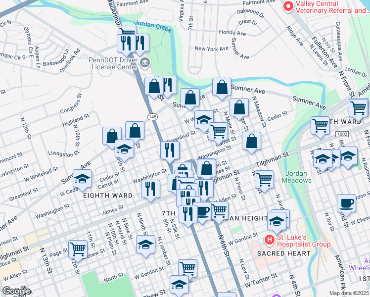 map of restaurants, bars, coffee shops, grocery stores, and more near 849 North 6th Street in Allentown