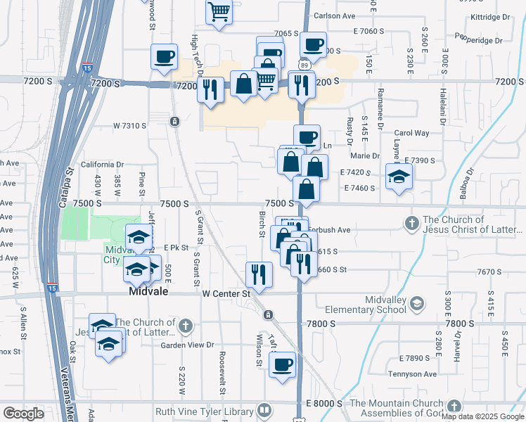 map of restaurants, bars, coffee shops, grocery stores, and more near 26 West 7500 South in Midvale