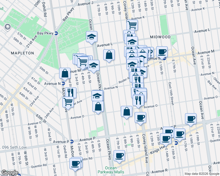 map of restaurants, bars, coffee shops, grocery stores, and more near East 7th Street & Avenue N in Brooklyn