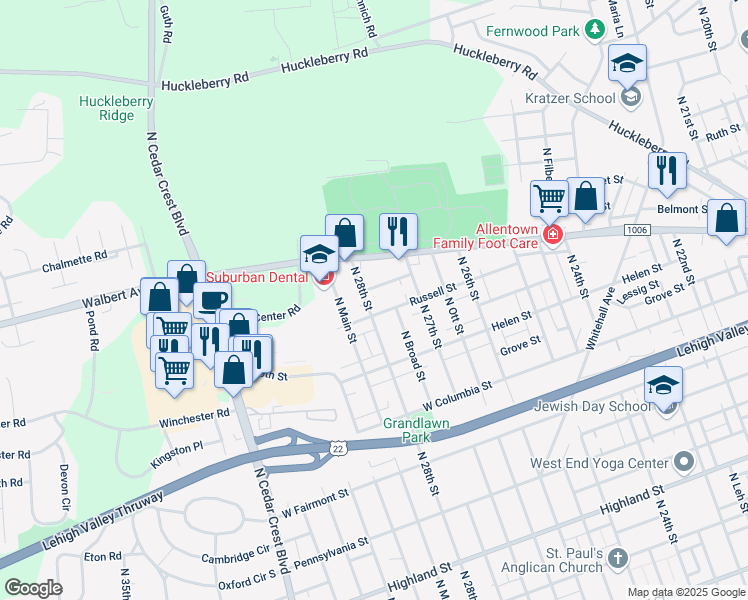 map of restaurants, bars, coffee shops, grocery stores, and more near 2729 Custer Street in Allentown