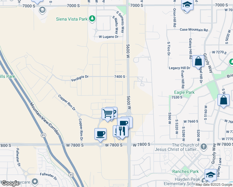 map of restaurants, bars, coffee shops, grocery stores, and more near 7507 South 5680 West in West Jordan