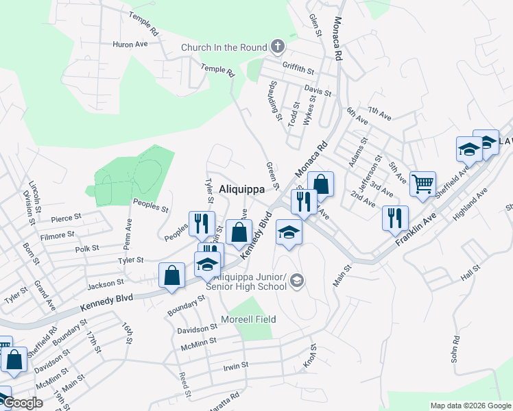 map of restaurants, bars, coffee shops, grocery stores, and more near 1313 Green Street in Aliquippa