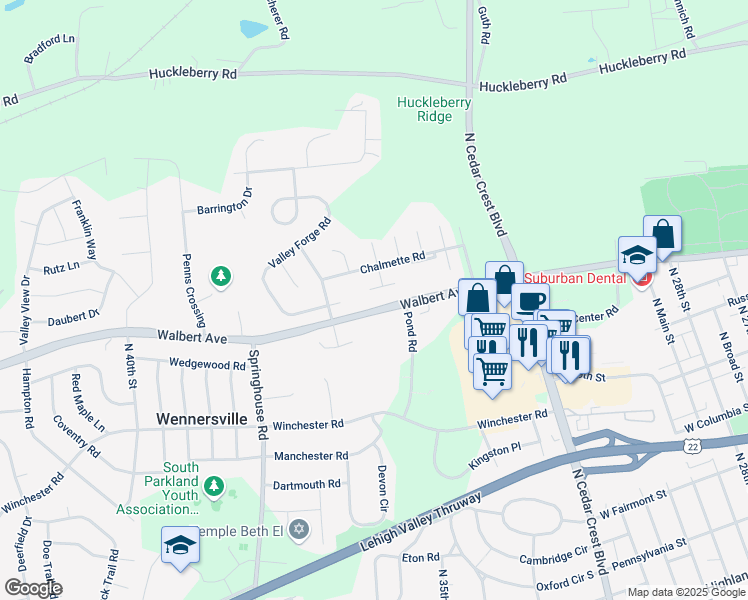 map of restaurants, bars, coffee shops, grocery stores, and more near 1619 Shiloh Court in Allentown