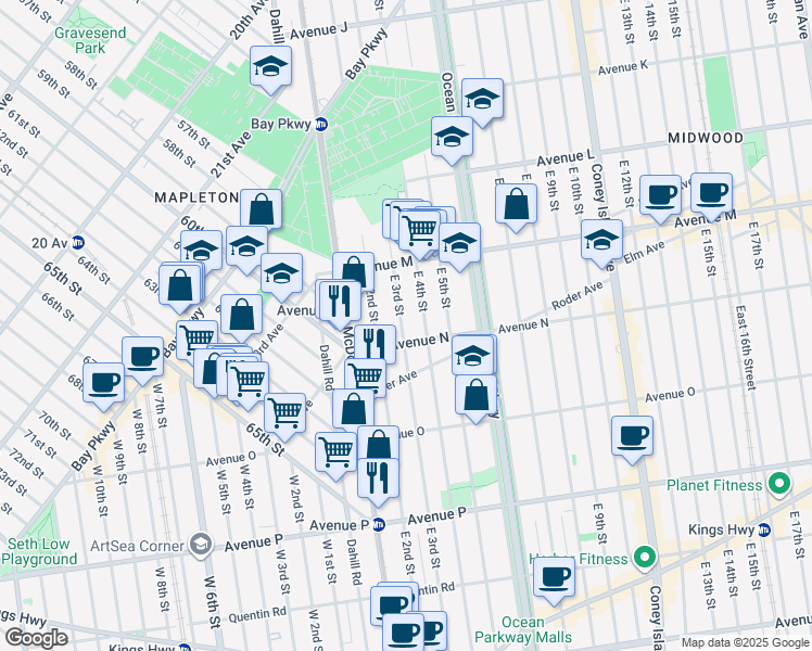 map of restaurants, bars, coffee shops, grocery stores, and more near 1432 East 3rd Street in Brooklyn