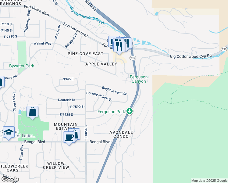 map of restaurants, bars, coffee shops, grocery stores, and more near 3666 East Brighton Point Drive in Cottonwood Heights