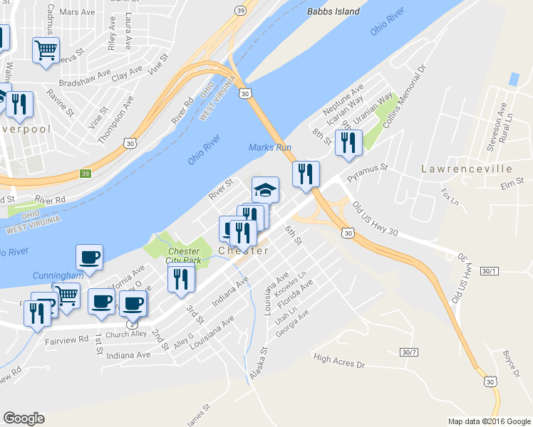 map of restaurants, bars, coffee shops, grocery stores, and more near 555 Virginia Avenue in Chester