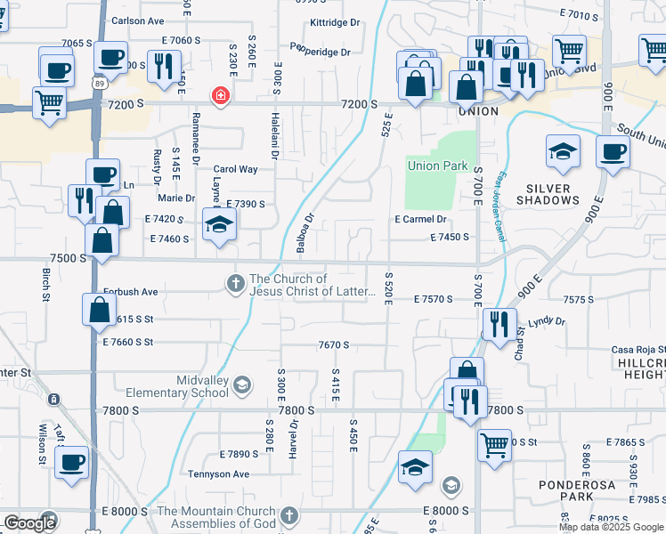 map of restaurants, bars, coffee shops, grocery stores, and more near 7479 410 East in Midvale