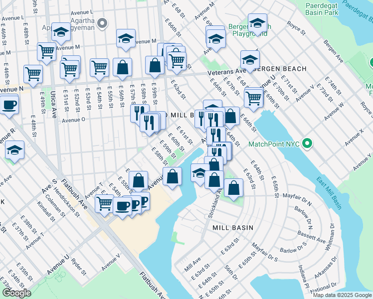 map of restaurants, bars, coffee shops, grocery stores, and more near 2050 East 61st Street in Brooklyn