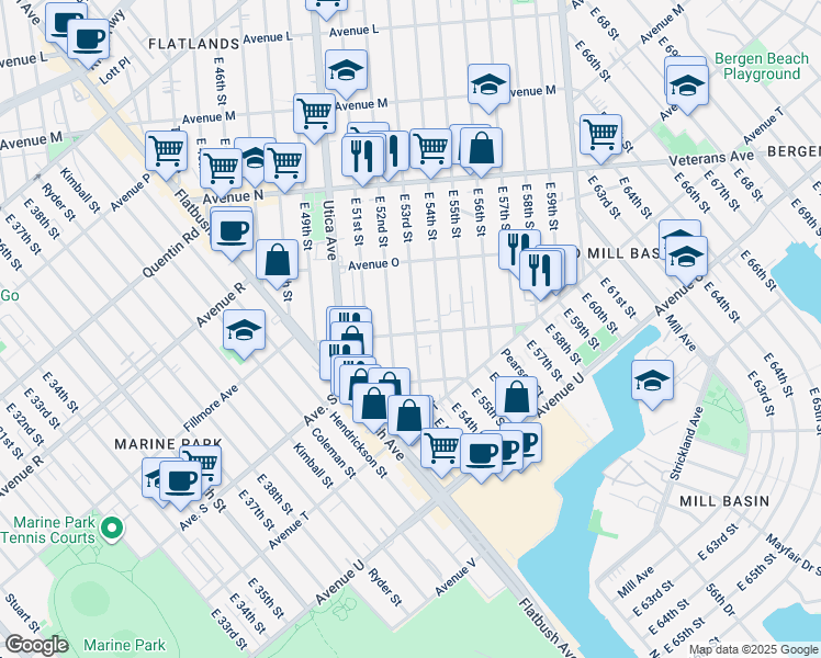 map of restaurants, bars, coffee shops, grocery stores, and more near 1722 East 54th Street in Brooklyn