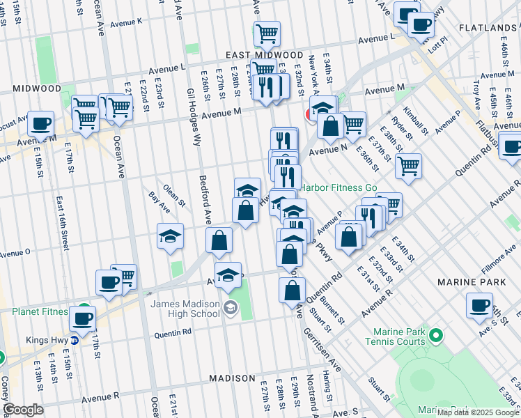 map of restaurants, bars, coffee shops, grocery stores, and more near 2907 Kings Highway in Brooklyn