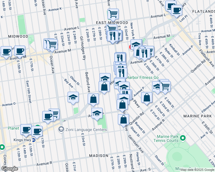 map of restaurants, bars, coffee shops, grocery stores, and more near 1462 East 28th Street in Brooklyn