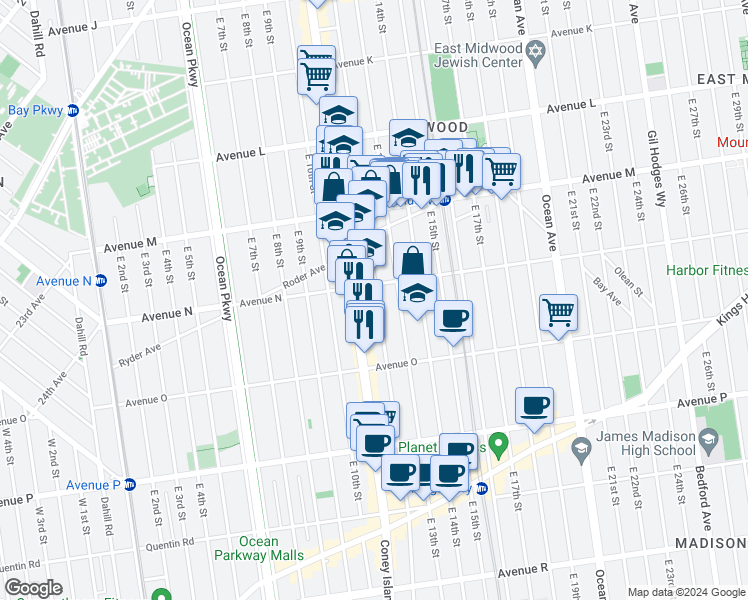 map of restaurants, bars, coffee shops, grocery stores, and more near 1207 Avenue N in Brooklyn