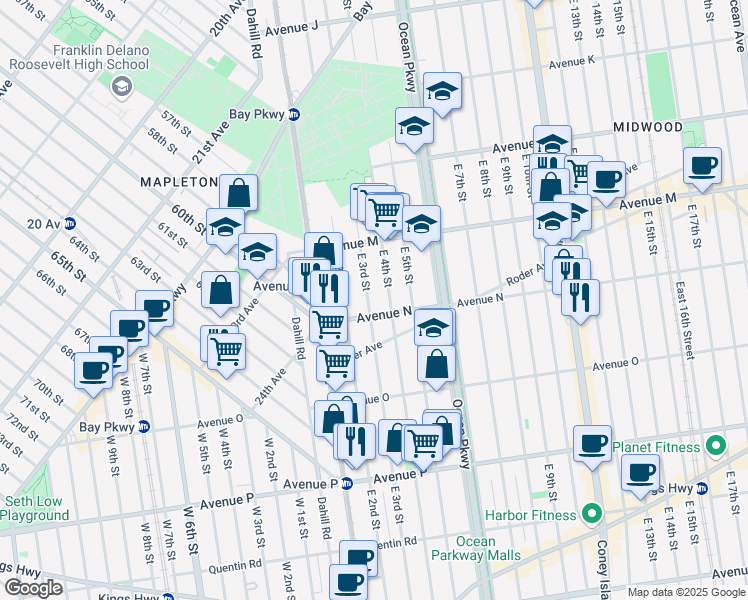 map of restaurants, bars, coffee shops, grocery stores, and more near 1441 East 4th Street in Brooklyn