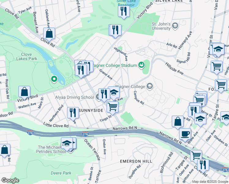 map of restaurants, bars, coffee shops, grocery stores, and more near 122 Van Cortlandt Avenue in Staten Island