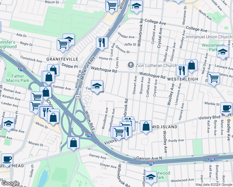 map of restaurants, bars, coffee shops, grocery stores, and more near 159 Woodbine Avenue in Staten Island