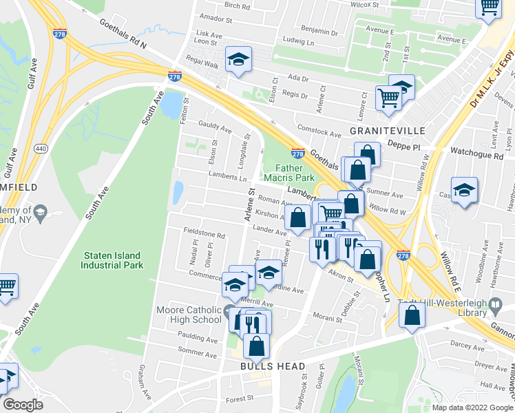 map of restaurants, bars, coffee shops, grocery stores, and more near 67 Roman Avenue in Staten Island