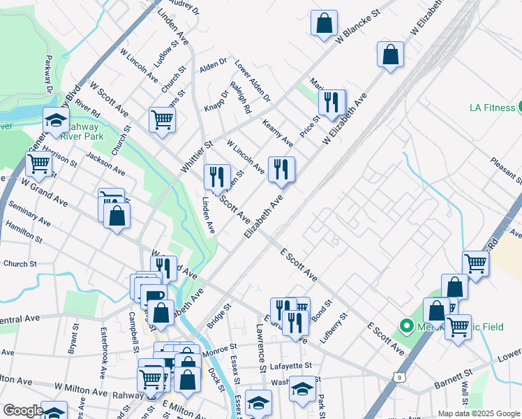 map of restaurants, bars, coffee shops, grocery stores, and more near 2141 Price Street in Rahway
