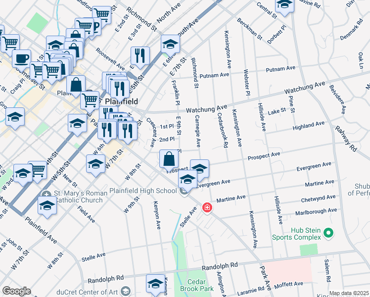 map of restaurants, bars, coffee shops, grocery stores, and more near 220-22 East 9th Street in Plainfield
