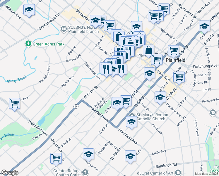 map of restaurants, bars, coffee shops, grocery stores, and more near 426 Orchard Place in Plainfield