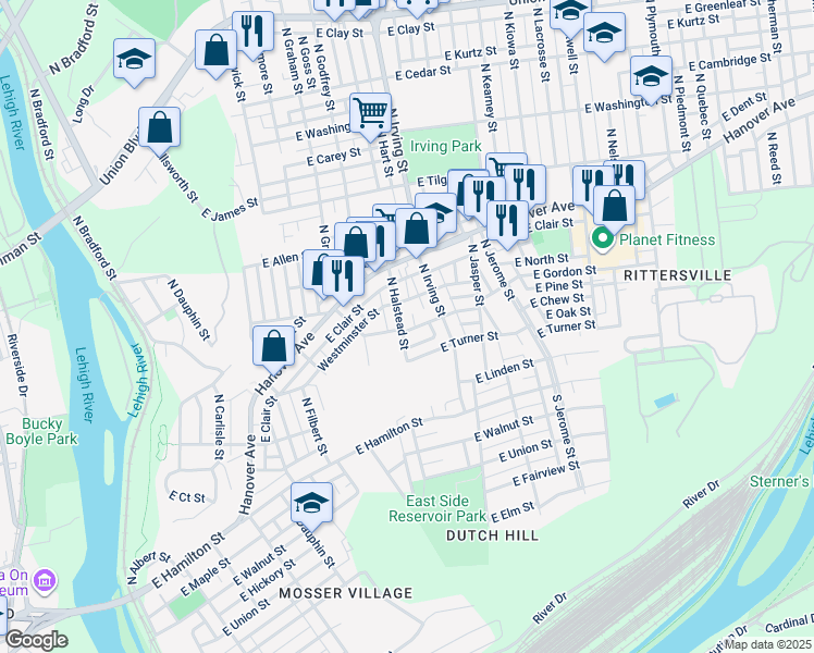 map of restaurants, bars, coffee shops, grocery stores, and more near 325 North Halstead Street in Allentown