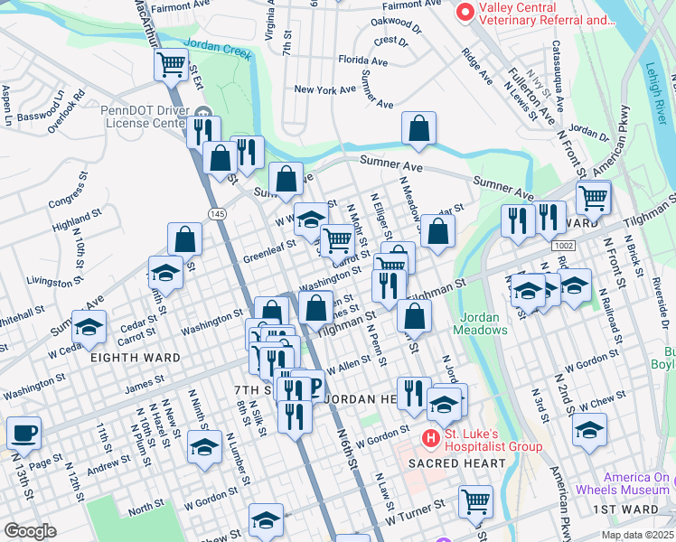 map of restaurants, bars, coffee shops, grocery stores, and more near 823 North Penn Street in Allentown
