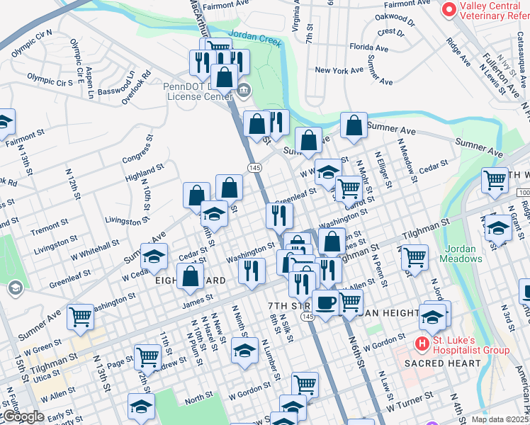 map of restaurants, bars, coffee shops, grocery stores, and more near 918 North 7th Street in Allentown