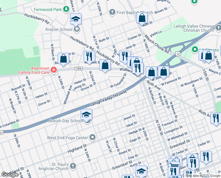 map of restaurants, bars, coffee shops, grocery stores, and more near 2029 West Columbia Street in Allentown