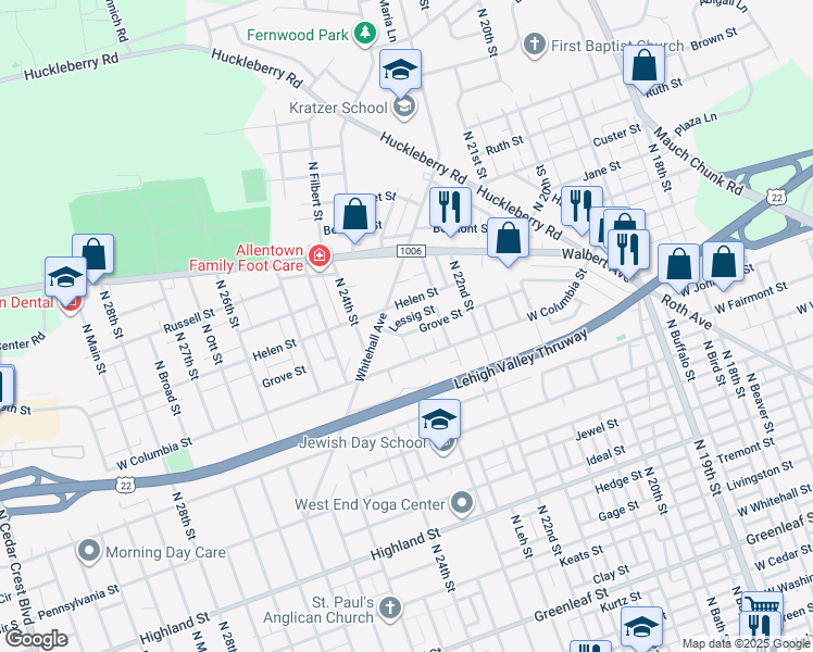 map of restaurants, bars, coffee shops, grocery stores, and more near 2305 Helen Street in Allentown