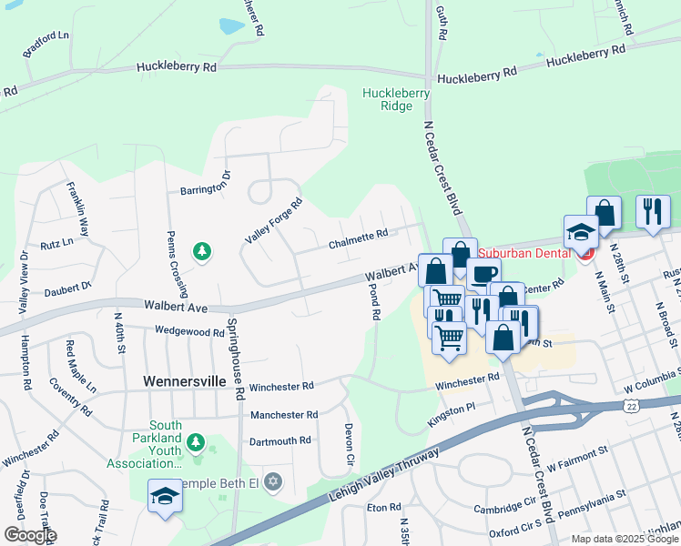 map of restaurants, bars, coffee shops, grocery stores, and more near 1619 Shiloh Court in Allentown