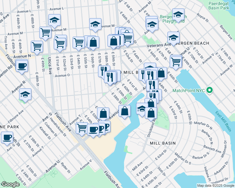 map of restaurants, bars, coffee shops, grocery stores, and more near 2022 East 60th Street in Brooklyn