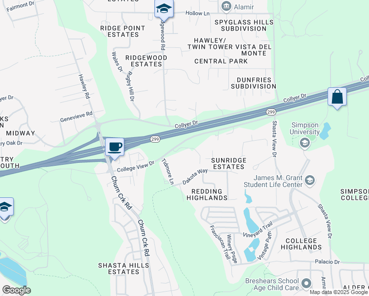 map of restaurants, bars, coffee shops, grocery stores, and more near 1571 College View Drive in Redding