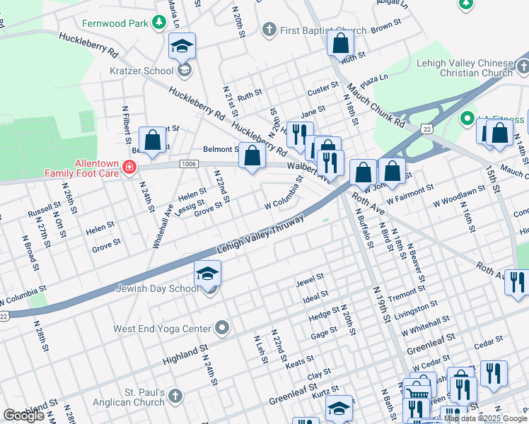 map of restaurants, bars, coffee shops, grocery stores, and more near 2029 West Columbia Street in Allentown