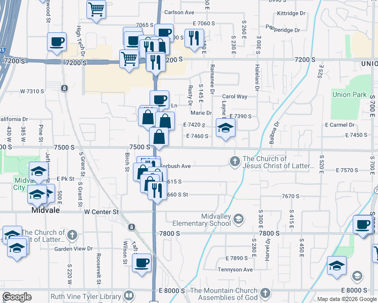 map of restaurants, bars, coffee shops, grocery stores, and more near 110 Greenwood Avenue in Midvale
