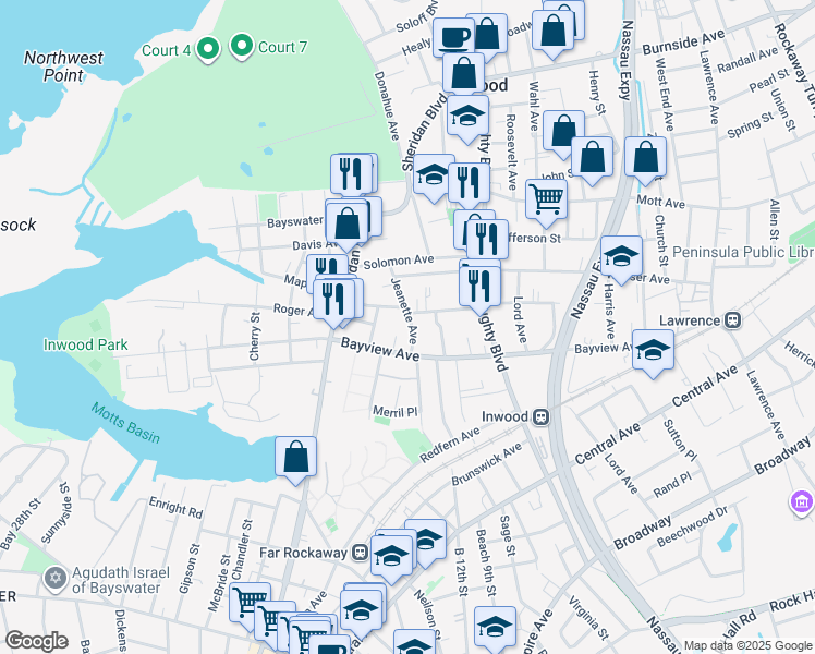 map of restaurants, bars, coffee shops, grocery stores, and more near 109 Jeanette Avenue in Inwood