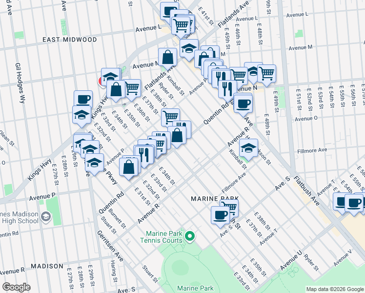 map of restaurants, bars, coffee shops, grocery stores, and more near 1666 East 37th Street in Brooklyn