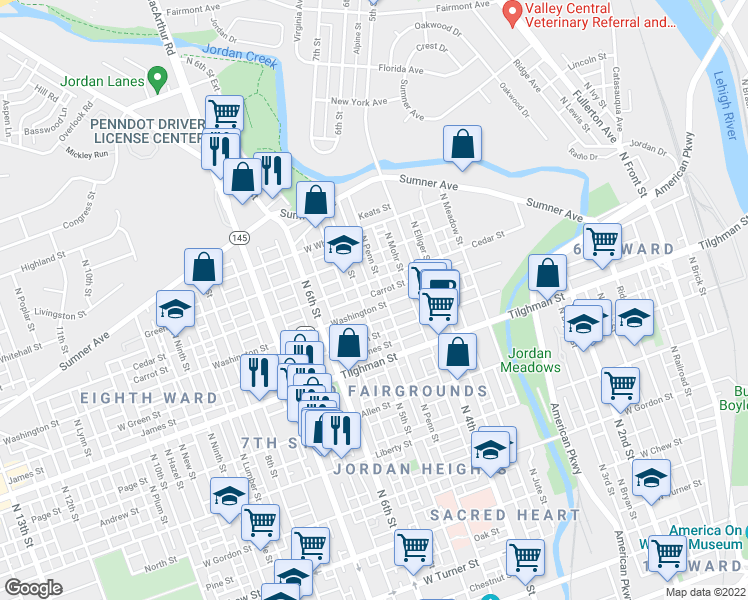 map of restaurants, bars, coffee shops, grocery stores, and more near 823 North Penn Street in Allentown