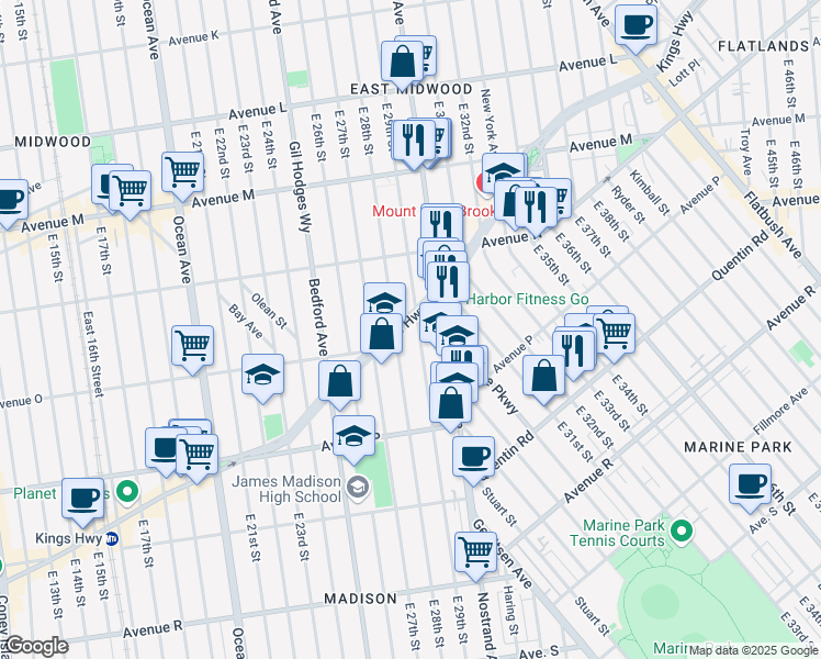 map of restaurants, bars, coffee shops, grocery stores, and more near 2828 Kings Highway in Brooklyn