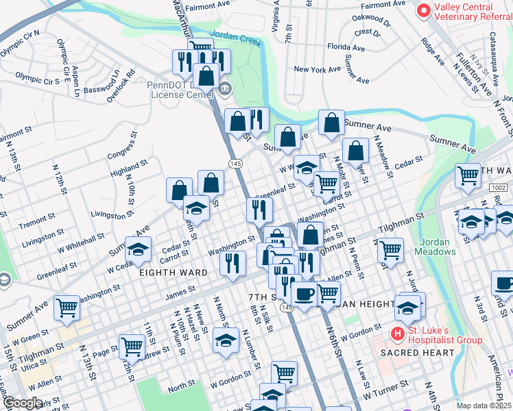 map of restaurants, bars, coffee shops, grocery stores, and more near 631 Greenleaf Street in Allentown