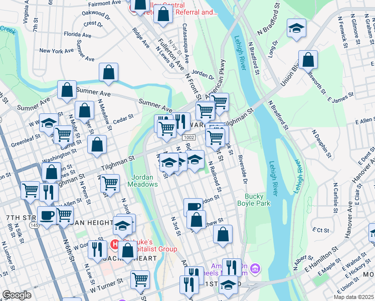 map of restaurants, bars, coffee shops, grocery stores, and more near 624 Ridge Avenue in Allentown