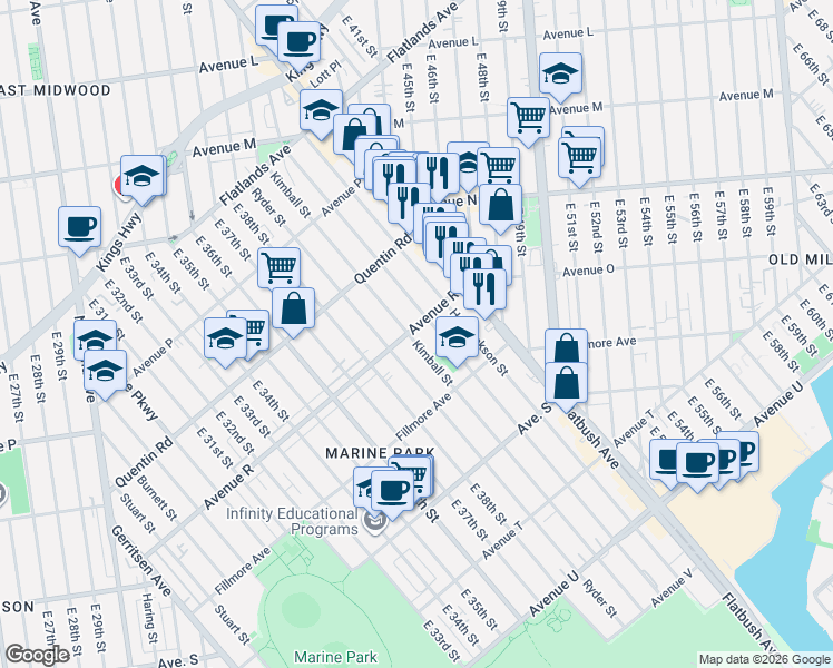 map of restaurants, bars, coffee shops, grocery stores, and more near 1770 Coleman Street in Brooklyn