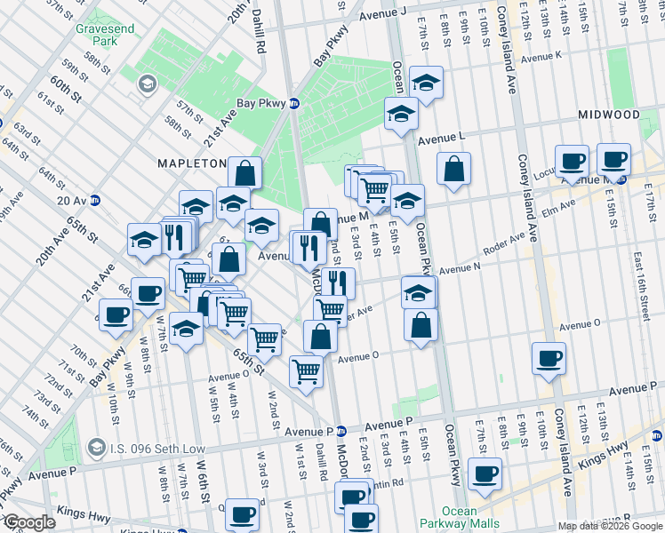map of restaurants, bars, coffee shops, grocery stores, and more near 1535 McDonald Avenue in Brooklyn